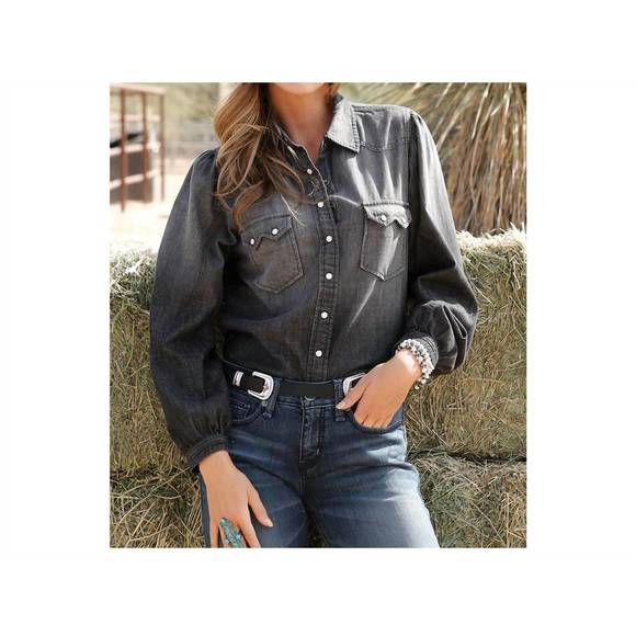 NEW CRUEL GIRL long sleeve western snap shirt in black chambray - Picture 1 of 1